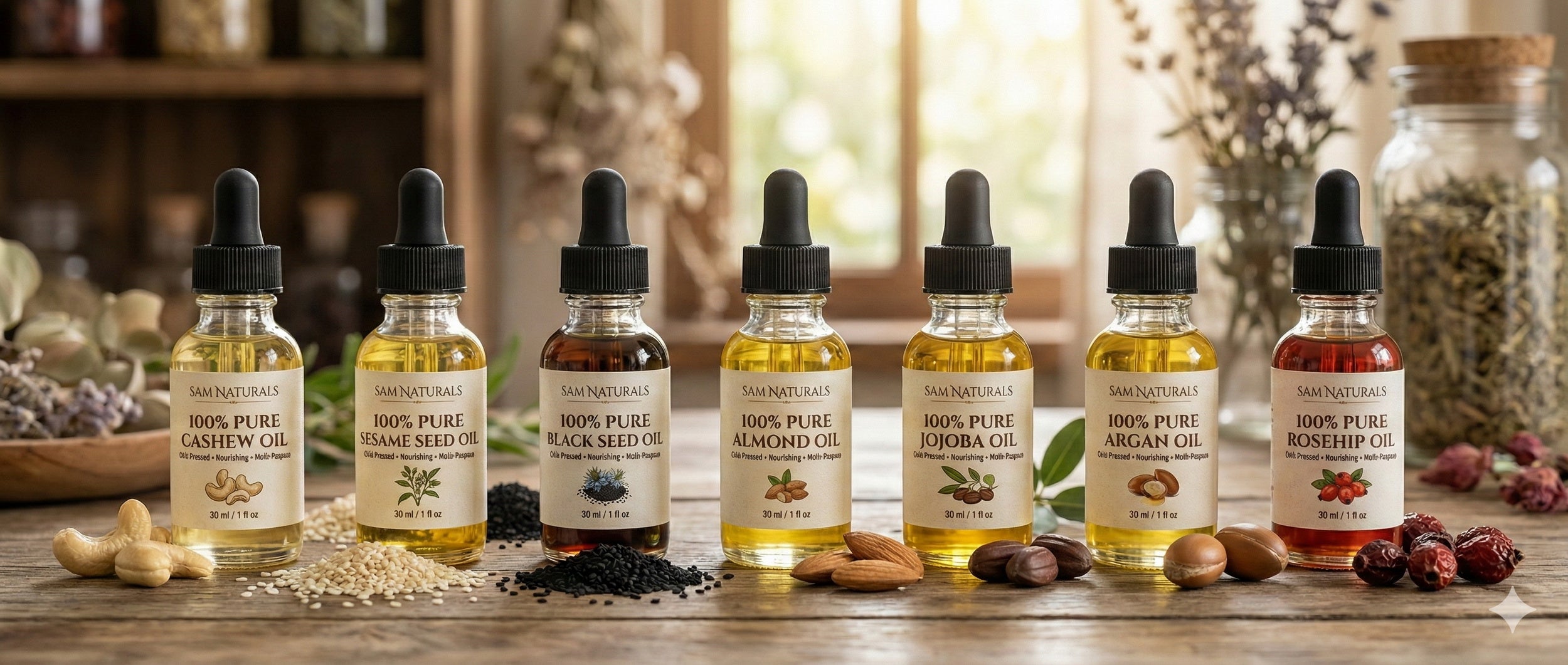 Row of various oil bottles on a wooden surface with natural products around